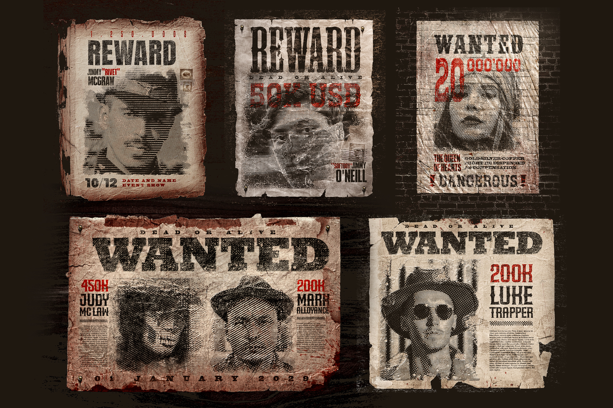 Old Wild West Vintage Wanted Posters Templates cowboy grunge hd high resolution mockup old style outlaw photoshop pirate poster print print design printed psd reward serif template vintage wanted wild west