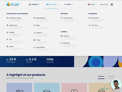 Sicom Insurance main menu hero section main menu navigation