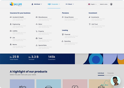 Sicom Insurance main menu hero section main menu navigation