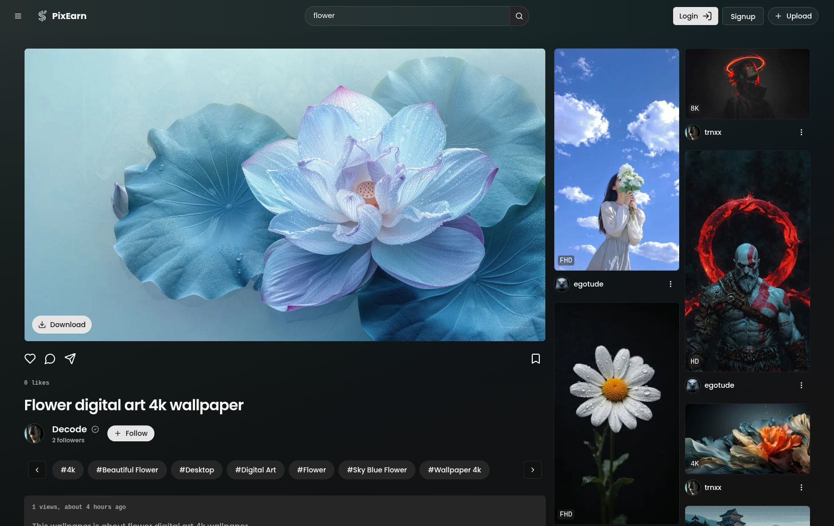 PixEarn : Minimal Web Design for Creative Project branding colors grid dashboard page design graphic design image grid image preview page landing page pixearn ui uiux design user profile page wallpaper grid