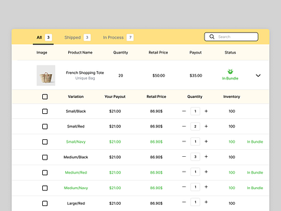 Order Table checkbox dropdown order table order table table variation