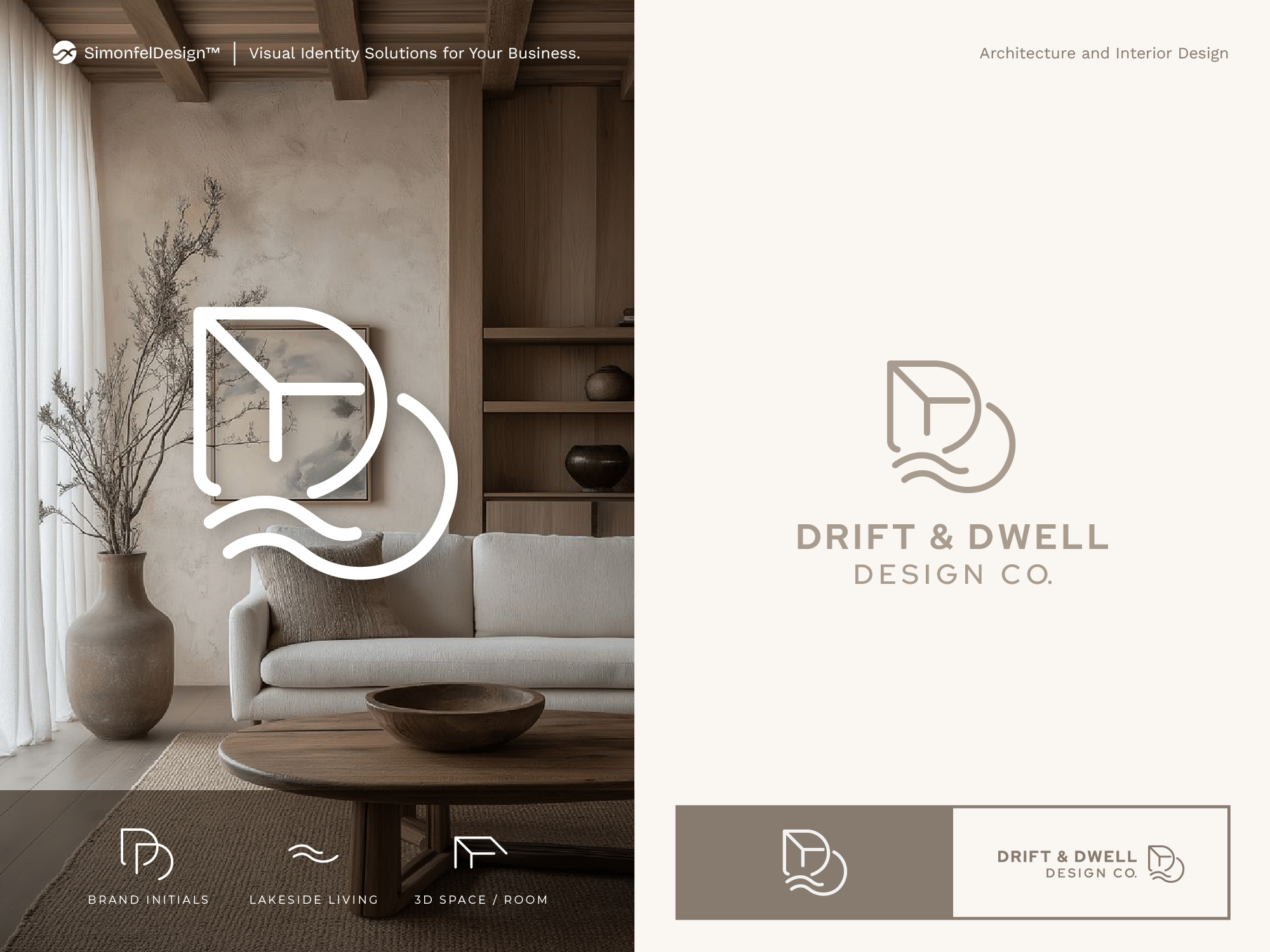 Concept for Architecture and Interior Design (DD Monogram) 3d aesthetic ampersand architecture beige co. coastal d logo dd design drift dwell feminine interior lake line art minimal room water wave