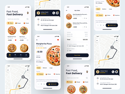 🍕 Pizzy - Pizza delivery aplication app burger clean cook delivery eating fast food food food delivery food delivery app food delivery service mobile mobile app order pizza product services tracking app ui