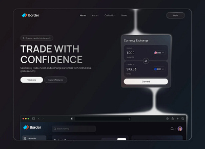 Border: Exchange Smarter, Faster, Without Borders convert crypto darkmode fintech glasmorphism hero input landing ui