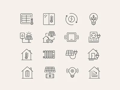 Smart Energy Home Icons – Sustainable Line Symbols app climate control eco technology energy efficiency ev charging flat green tech ui icon design icon set iconography icons illustration line minimalist icons smart grid smart home solar power sustainability dashboard thermostat icon ui