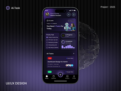AI Task Management Mobile App ai app ai bot ai mobile app ai music ai task management mobile app app artificial intelligence darkui dribbbledesign futuredesign interface mobile product design productivityapp task app taskmanager uidesign user experience uxdesign voice