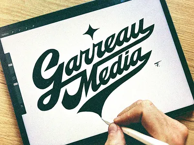 Garreau Media _ logotype process agency bold calligraphy custom distintive flow iconic identity lettering media original process retro script standout strong type vintage