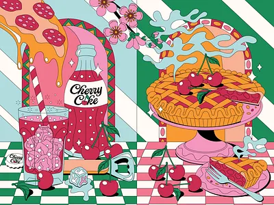 Cherry Coded A Bold & Nostalgic Vector Illustration Series 70s illustration bold design branding cake illustration cherries cherries design cherry cherry blossoms cherry coke cherry illustration colorful illustration colorpalette food illustration fun and bold poster design soulful illustration summer illustration sweet unique illustration vector illustration