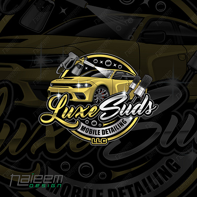Luxury Car Detailing Logo Featuring Dodge Charger auto detailing logo automotive logo car car care branding car cleaning service logo car detailing logo car logo car service business logo car wash business logo custom car logo detailing dodge charger logo golden color car logo illustrated car logo luxury car wash logo luxury vehicle logo mobile detailing branding mobile detailing logo pressure washing logo vehicle cleaning logo