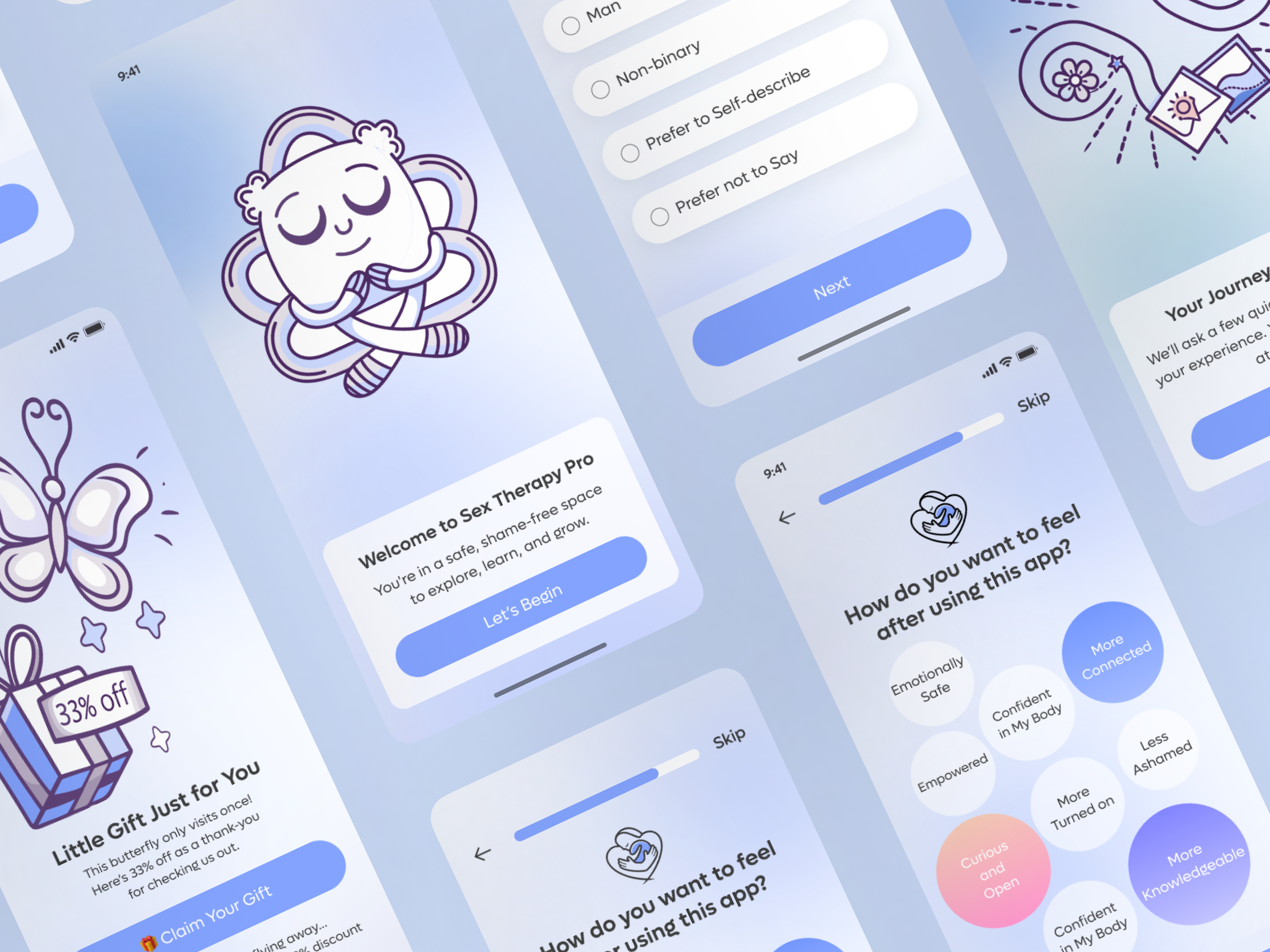 Mobile App UI/UX for Sex Therapy Pro Wellness Onboarding ai figma firstsession growthdesign healthcare iosapp mascot mobile app design mobile ui onboarding paywall product quiz sex therapy ui uiuxdesign wellness