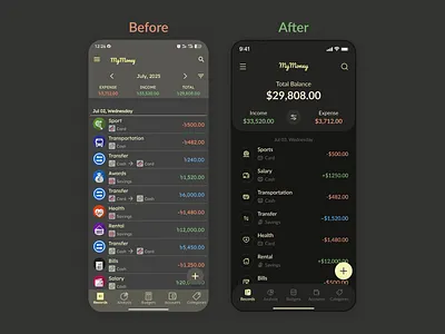 MyMoney App Redesign – Dark UI Refresh beforeafter budgeting darkmode finance finance analytics financial app fintechdesign interface mobileappredesign money money app money management online banking ui ux uidesign uxdesign