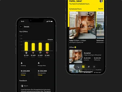 Real Estate App Dark Mode app chart dark dark mode design explore home interaction interface iphone theme ui ui ux ux