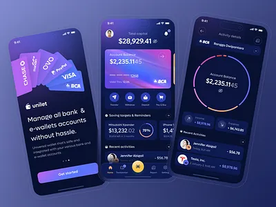 Universal Digital Wallet for various Banks & e-Wallets app bank darkmode design digital ewallet expense finance financial income mobile money pay report saving transaction ui universal ux wallet