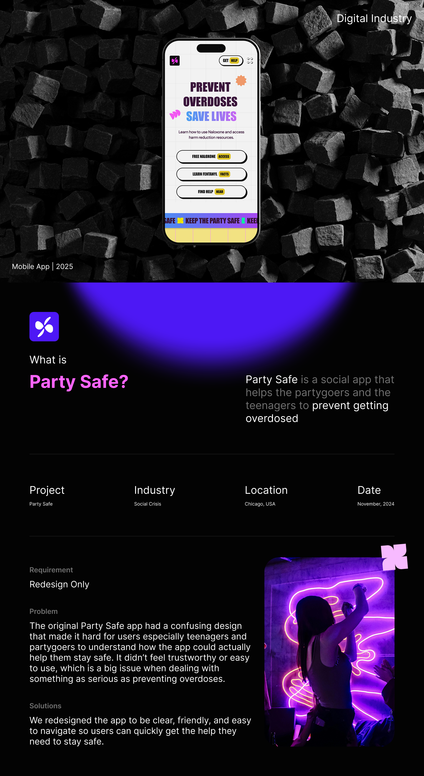 Safe Party Mobile UI Design animation case study crisis app design crisis management design minimal mobile responsive design mobile ui mobile user interface overdose crisis prevention app product design retro app design social app social app design ui ui design user interface ux