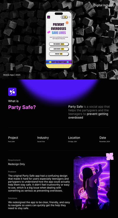 Safe Party Mobile UI Design animation case study crisis app design crisis management design minimal mobile responsive design mobile ui mobile user interface overdose crisis prevention app product design retro app design social app social app design ui ui design user interface ux
