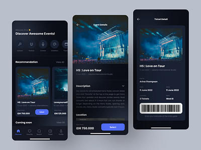 Konserin - Event App Design app app design booking clean concert dark dark mode design event exploration mobile mobile app music simple ticket ui uiux ux
