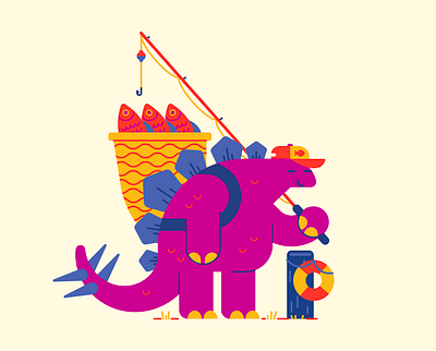 Fisherman dinosaur fisherman huevember illustration limited color palette vector