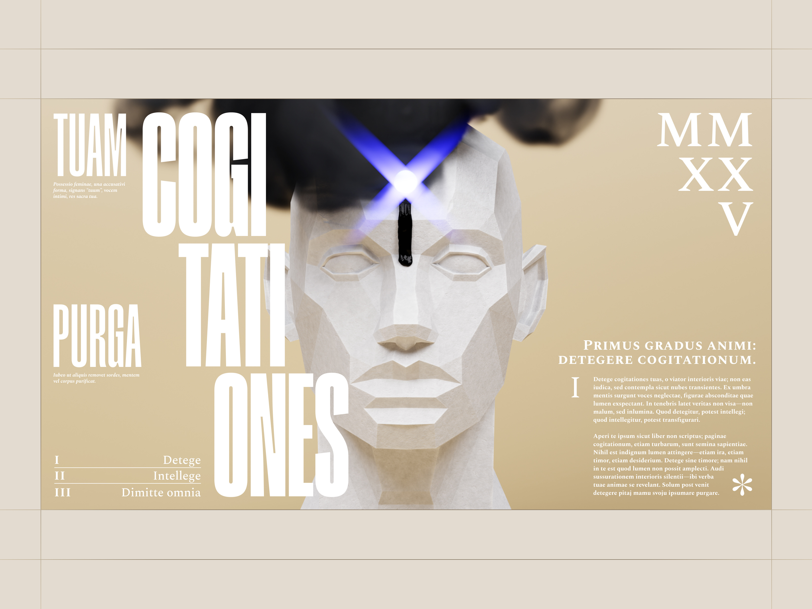 Tuam Cogitationes Purga 3d bust composition editorial glare grid illustration latin layout liquid mile dizajner smoke thoughts typography