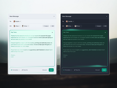 Composing with AI — Floating Message Popup ai concept dark mode design email ia light mode newsletter omnichannel product ui