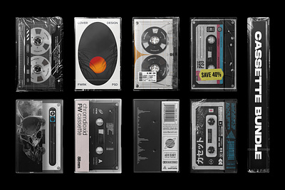 Audio Cassette Mockup Bundle album analogue audio cassette classic cover design hifi media mockup music old package photoshop record retowave retro tape template vintage