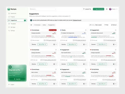 Notalx - Dashboard AI SAAS Writing - Suggestions Page ai animation card clean dashboard design document ai minimalist saas saas dashboard saas writing smooth suggestion page ui uiux ux writing writing ai
