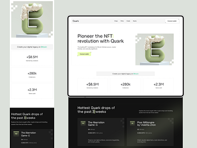 Quark – NFT Marketplace Landing Page Design btc crypto design digitalart good typography landing page market minimal nft nft marketplace ui ui design uiux ux virtualgallery web web design web3 webdesign website