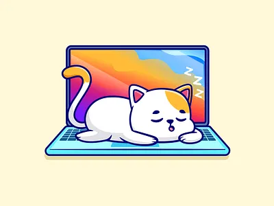 Cat Sleep on Laptop🐱💻💤 animals branding cat character computer cute doodle dreaming flat funny cat icon illustration laptop lazy cat logo sleep technology working