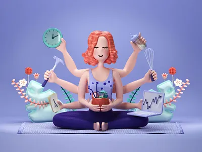 Womanizer 3d c4d cgi character design cinema 4d girl illustration keep calm laptop lifestyle octane plants purple render swimsuit woman working yoga