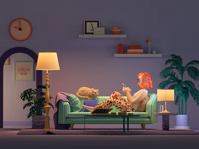 Livingroom girl 3d c4d carpet cat cgi cinema 4d clock coach door illustration lamp lifestyle livingroom octane plant purple render room soft lighting woman