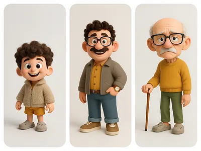 3D Characters - The three stages of life 3d ai animation branding characterdesign designwithai graphic design illustration ui ux