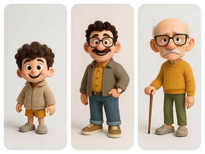 3D Characters - The three stages of life 3d ai animation branding characterdesign designwithai graphic design illustration ui ux