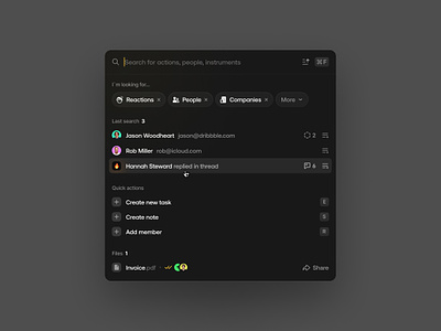 Search Modal in Dark Theme app cards clean cmd components dark mode design design system interface list view minimal modal popup product design search ui user interface ux web web design