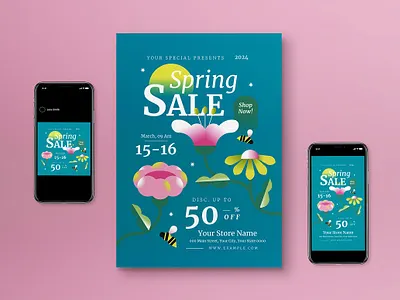 Gradient Floral Spring Sale Flyer Set blue floral gradient sale social media spring spring sale