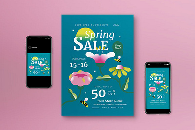 Gradient Floral Spring Sale Flyer Set blue floral gradient sale social media spring spring sale