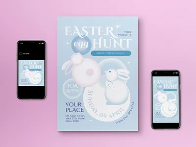 Blue 3D Easter Egg Hunt Flyer Set 3d 3d style blue easter easter egg hunt easter event easter hunt social media