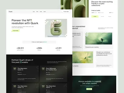 Quark – NFT Marketplace Landing Page Design btc crypto design digitalart good typography landing page market minimal nft nft marketplace ui ui design uiux ux virtualgallery web web design web3 webdesign website