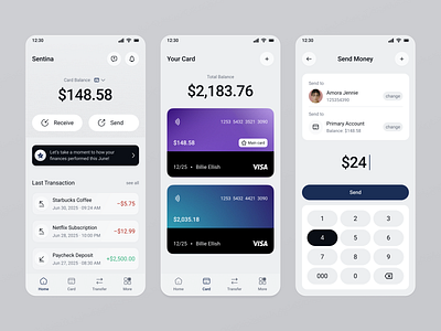 Sentina — Modern Fintech Mobile App UI app ui bank bank account card design finance financial services fintech homepage ios mobile app mobile banking mobile design money management payment app ui uidesign uiux ux uxdesign