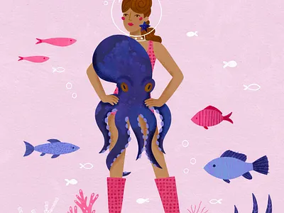 Underwater Editorial Illustration character design editorial illustration gouache illustration poster vintage