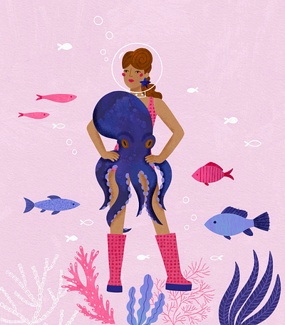 Underwater Editorial Illustration character design editorial illustration gouache illustration poster vintage