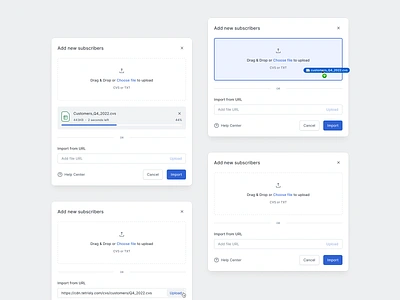 File Uploader Modals - Tetrisly Design System components drag and drop file upload file uploader import import modal modal modals pop over pop up product design saas