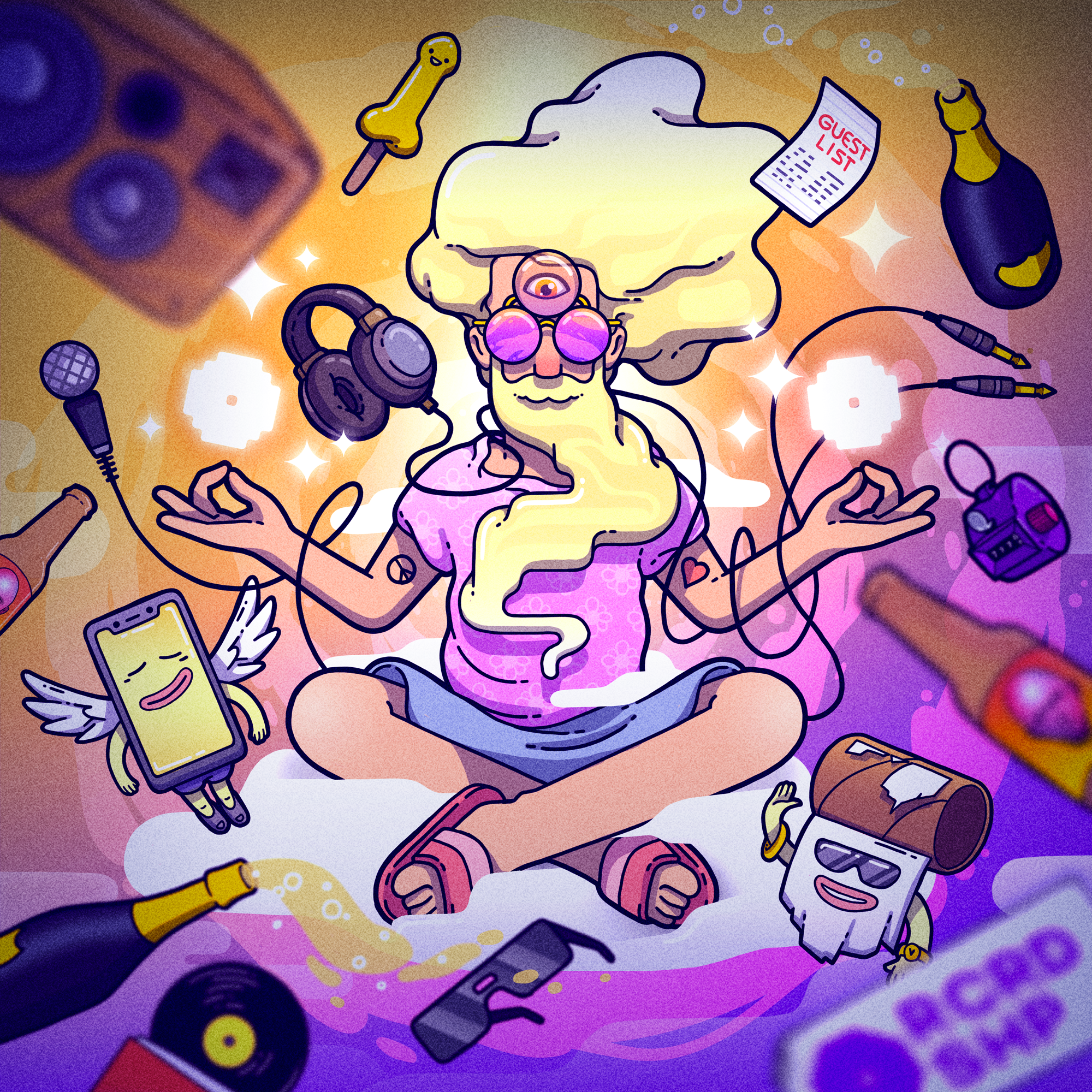 Transcendent being / The Festivalist artwork beer champagne character festival festivalist headphone hippie illustration illustrator lotus lotus position music nft party party people sekond speakers third eye transcendent