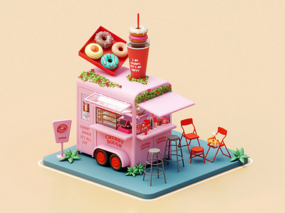 The Street Shop series: A Donut Shop 3d 3d illustration animation blender branding bushes car cat chair design donut dough illustration milkshake promote shop street table ui wheels