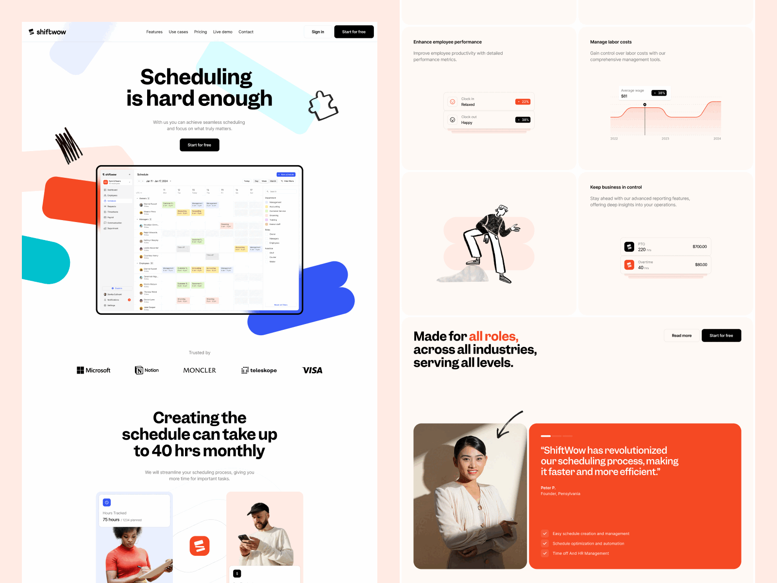 Shiftwow - Website 3d animation branding colors dekstop graphic design hero landing manage mobile pastel sas schedule shapes software typography ui ux web website