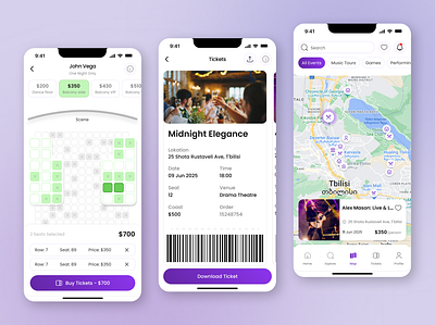 Event Booking & Ticketing App design eventapp interface mobile app musicevents product design seatselection ticketbooking ticketing ui ux