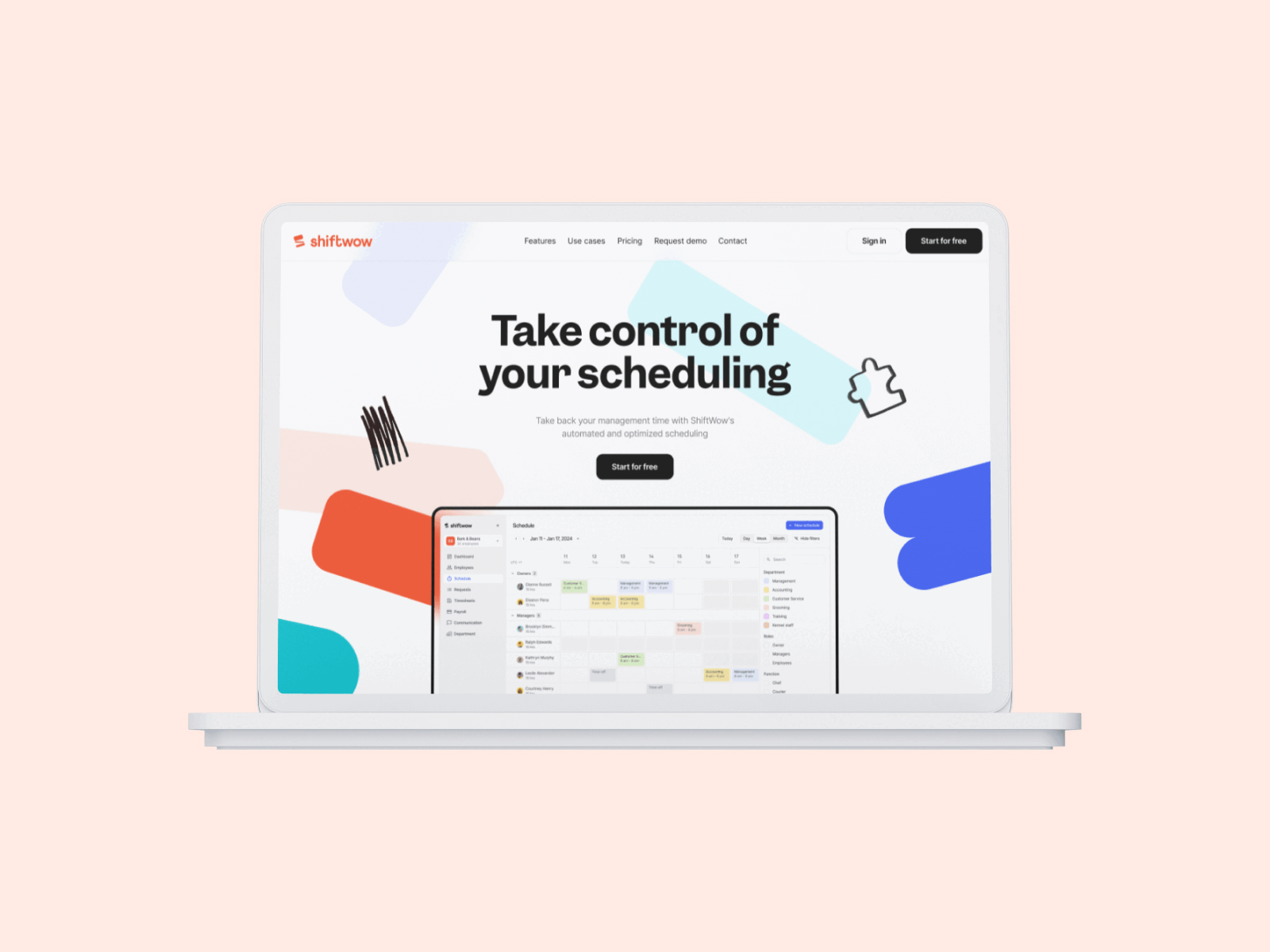 Shiftwow branding colors graphic design hand drawn hero landing mockup sas software ui ux website