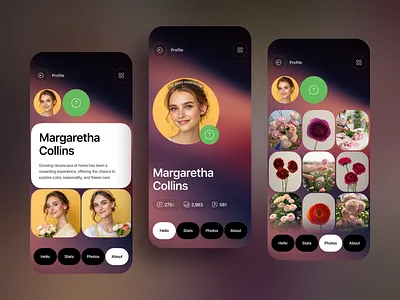 Profile UI — Social App Design android app design dark ui design floral flowers interface ios mobile app mobile app design mobile app ui photo grid product design profile page profile ui social network storytelling ui ux user interface