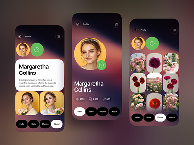 Profile UI — Social App Design android app design dark ui design floral flowers interface ios mobile app mobile app design mobile app ui photo grid product design profile page profile ui social network storytelling ui ux user interface