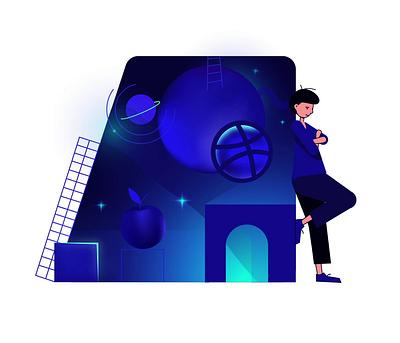 A small peculiar universe. 2d ae after effect animation apple blue character cosmos dribbble ball illustration inspace ladder light motion graphics planet space surrealistic waving