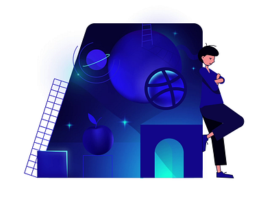 A small peculiar universe. 2d ae after effect animation apple blue character cosmos dribbble ball illustration inspace ladder light motion graphics planet space surrealistic waving