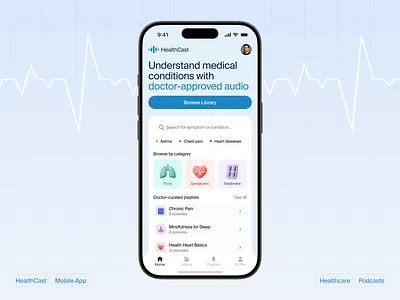HealthCast – Healthcare App for Podcast app audio dashboard audio logo healthcare healthcare app medical dashboard medical ui mobile mobile app design mobile app ui modern app ui podcast podcast branding podcast cover art podcast dashboard podcast landing page podcast logo podcast ui podcast website